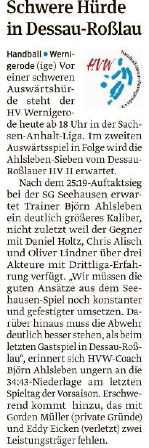 Volksstimme Vorschau auf das Match der 1. Männer in Dessau-Roßlau